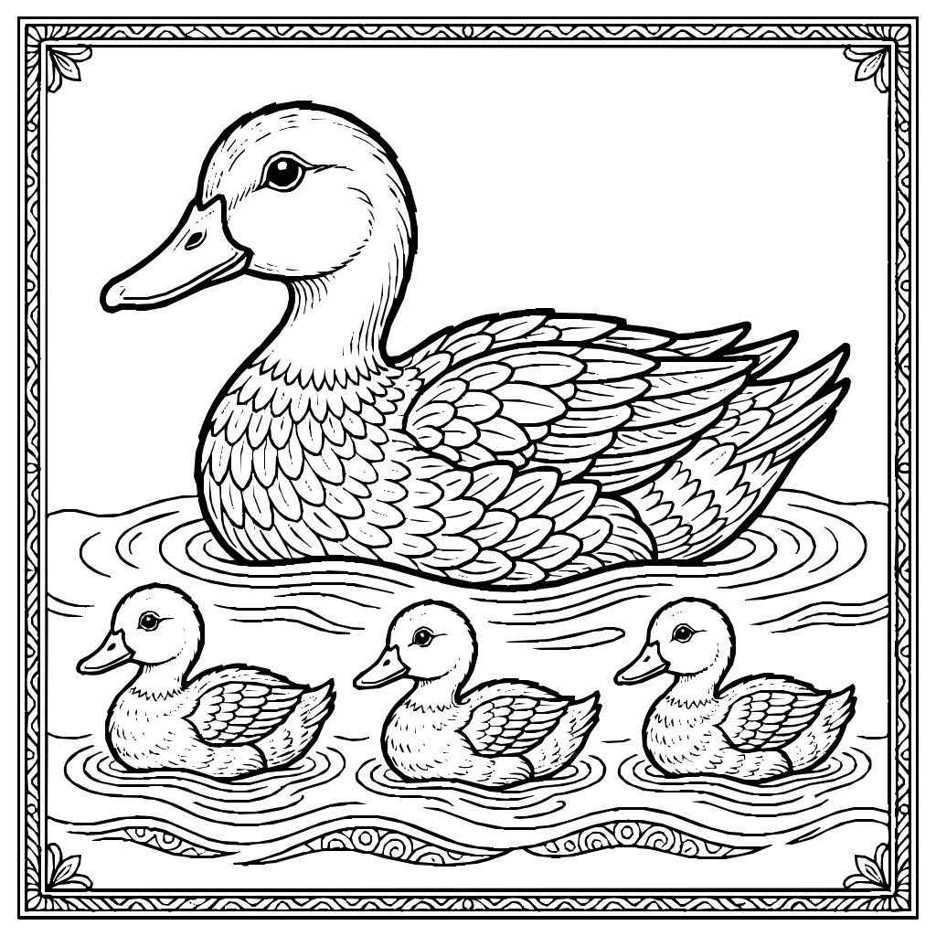 Kawaii Duck Family Swimming Row Coloring Page