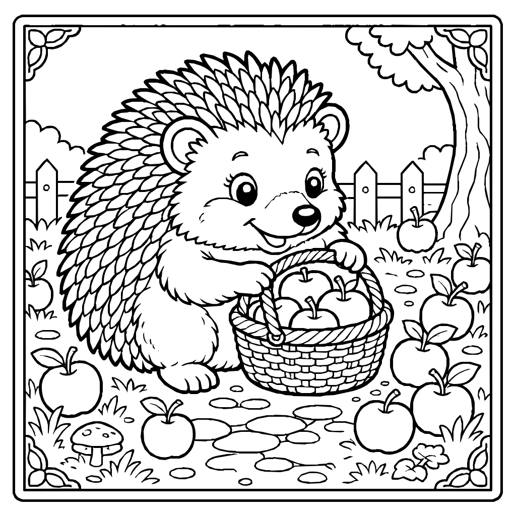 Kawaii Hedgehog Apples Basket Coloring Page