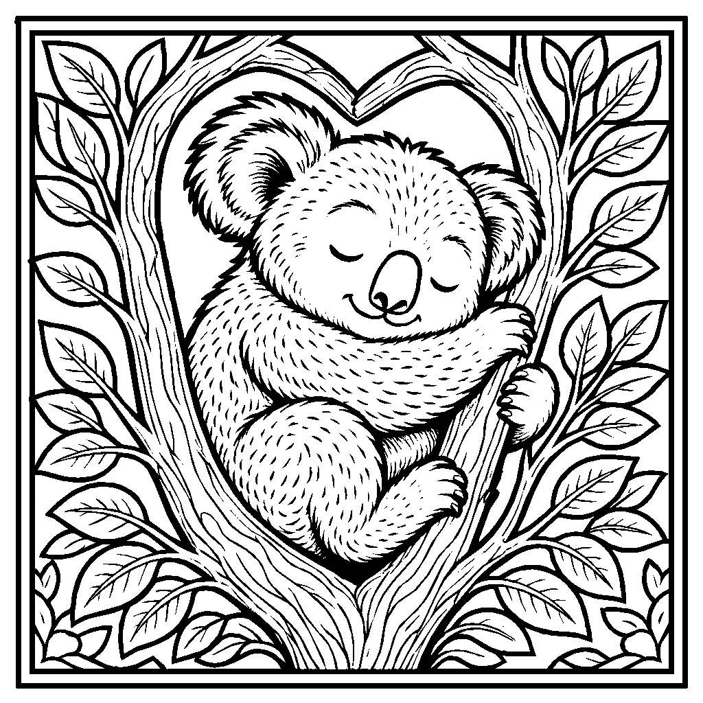 Kawaii Koala Eucalyptus Heart Branch Coloring Page