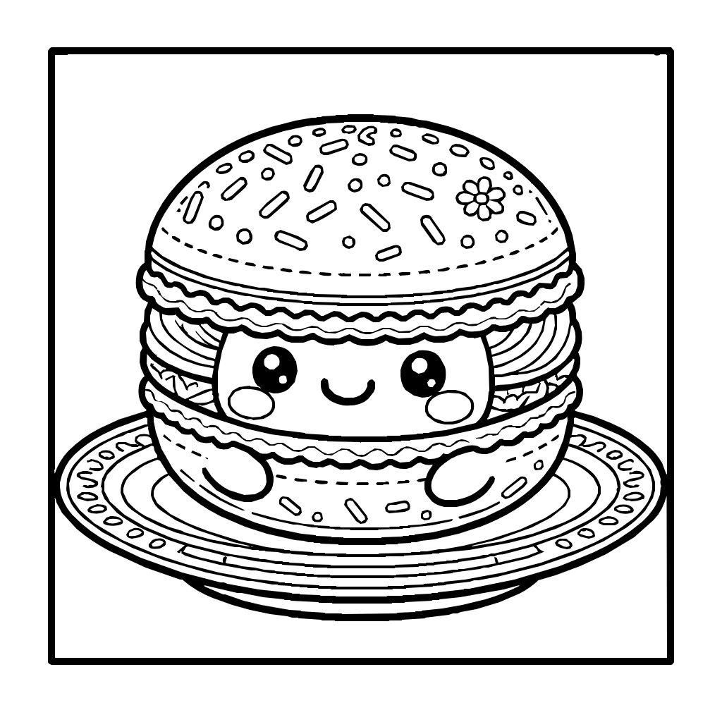 Kawaii Macaron Happy Face Coloring Page