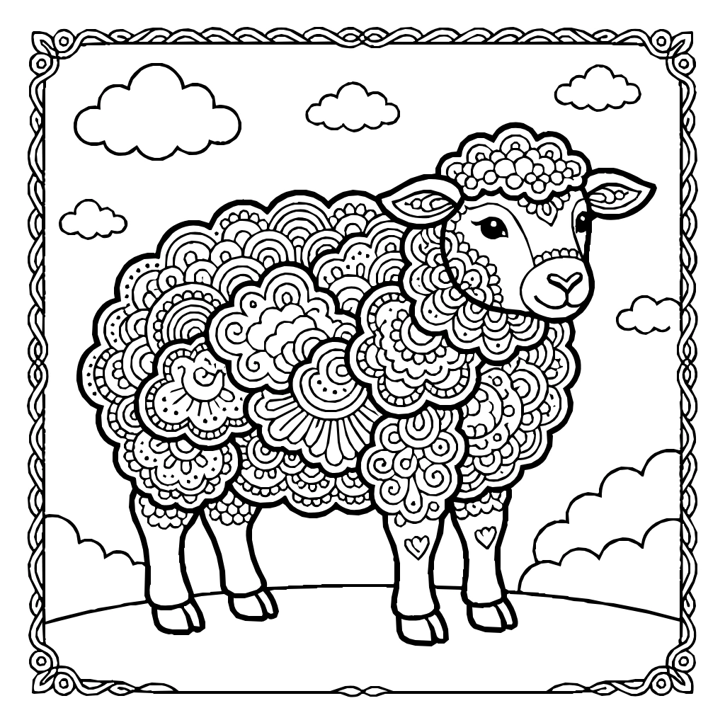 Kawaii Sheep Fluffy Wool Clouds Coloring Page