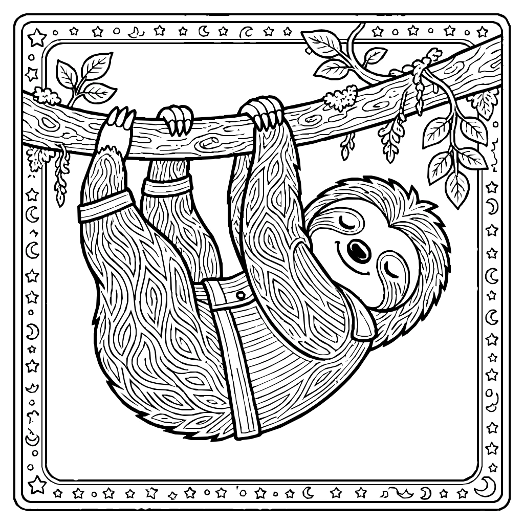 Kawaii Sloth Sleeping Branch Coloring Page