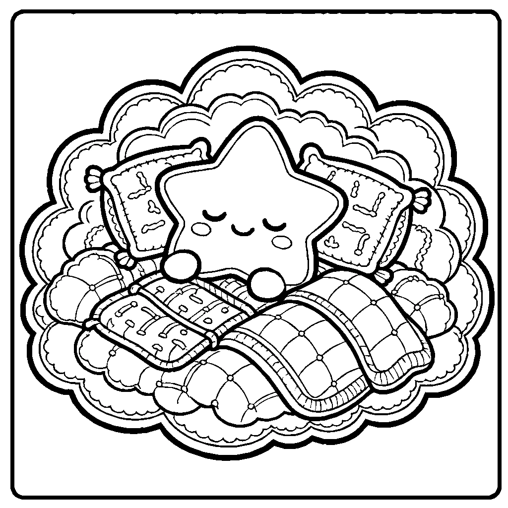 Kawaii Star Tucking Cloud Bed Coloring Page