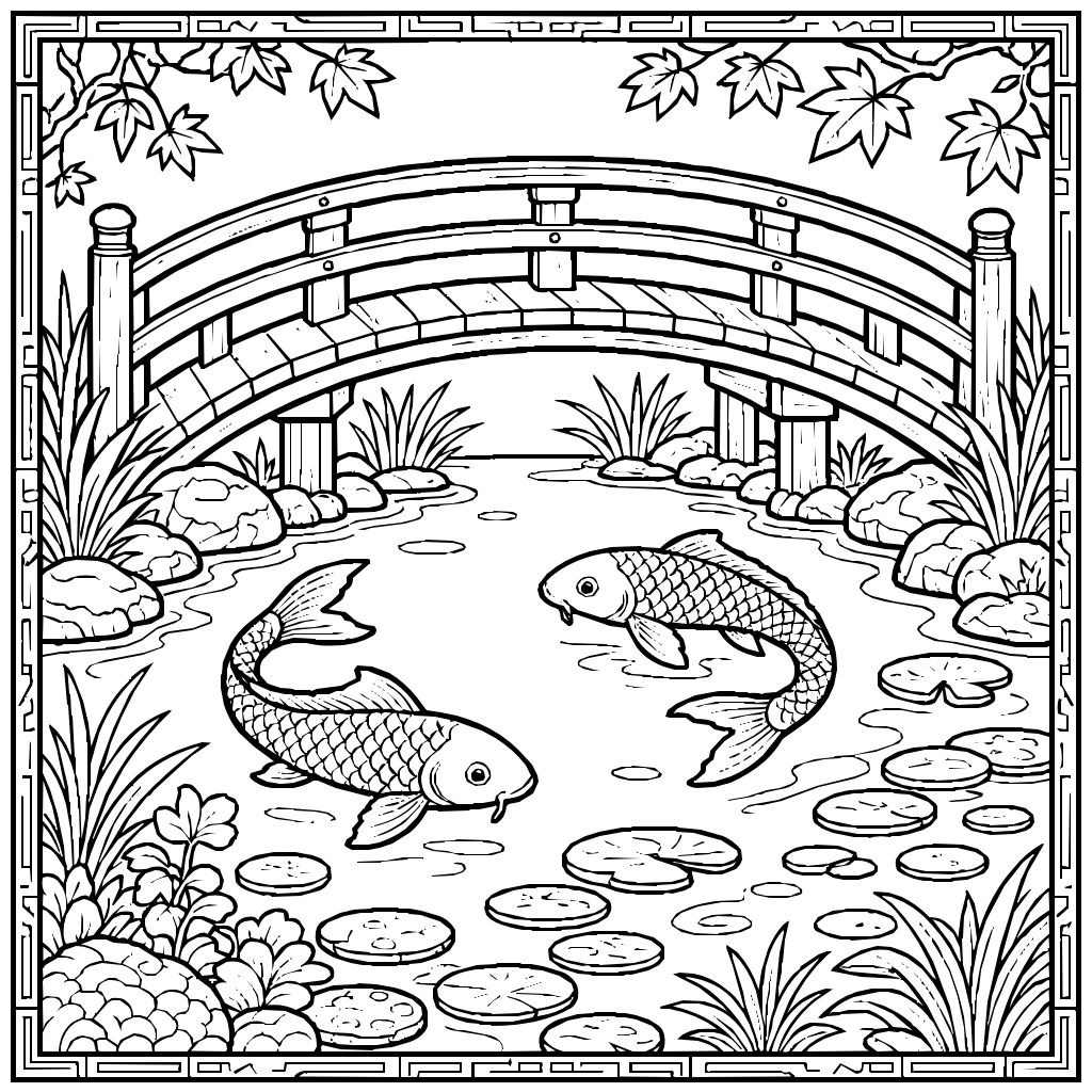 Koi Bridge Arching Tranquil Coloring Page