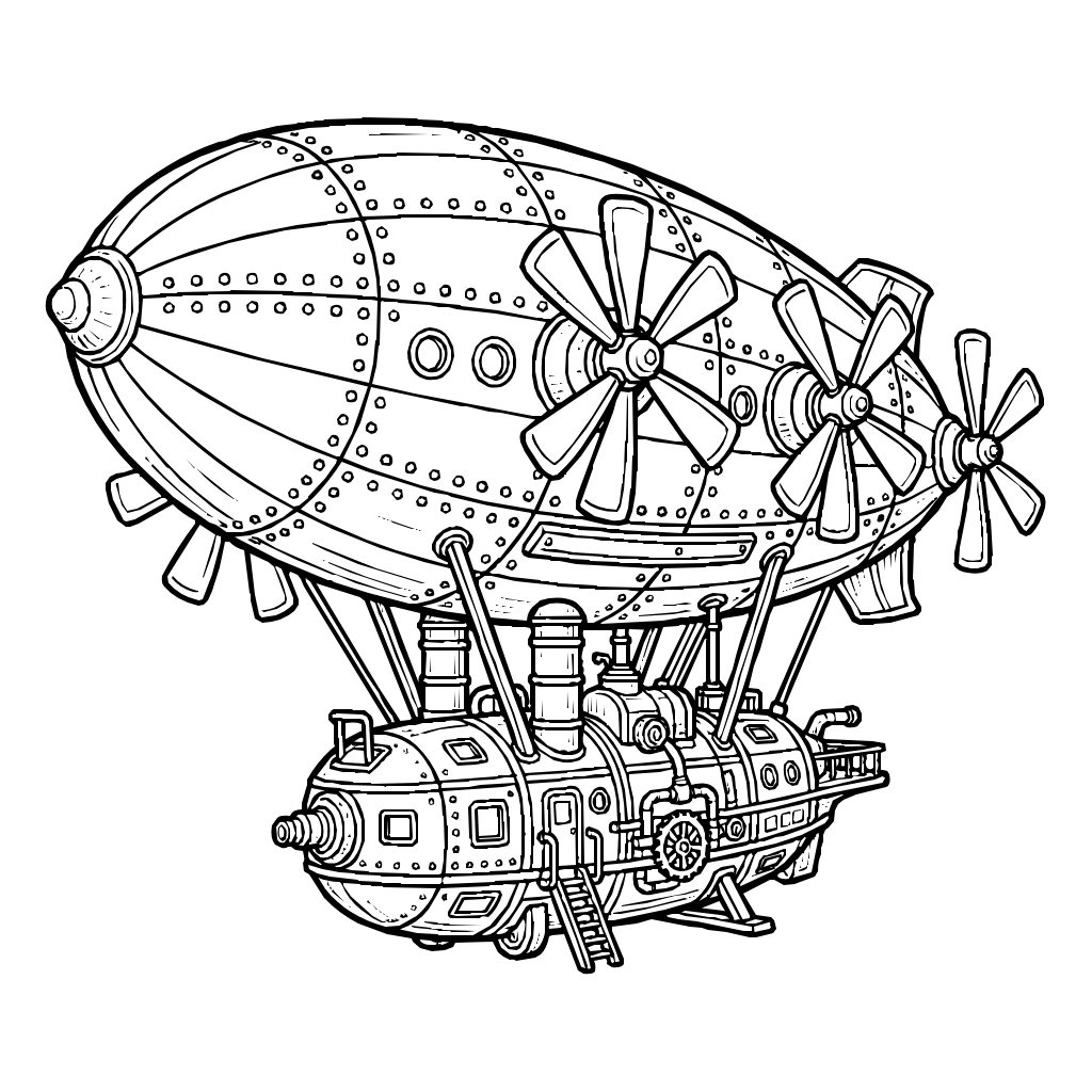 Massive Steam Powered Airship With Multiple Propellers Coloring Page