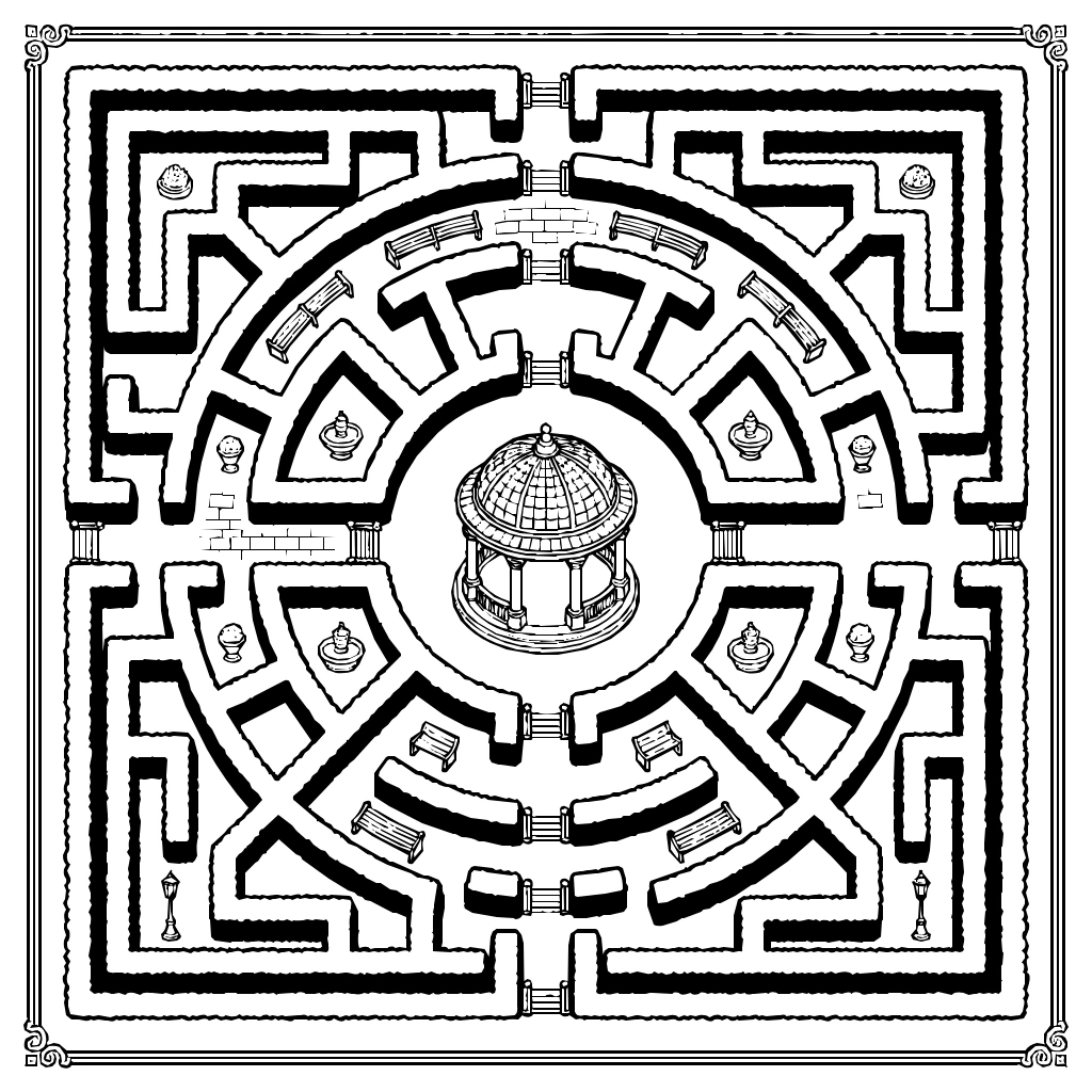 Maze With A Center Pavilion Coloring Page
