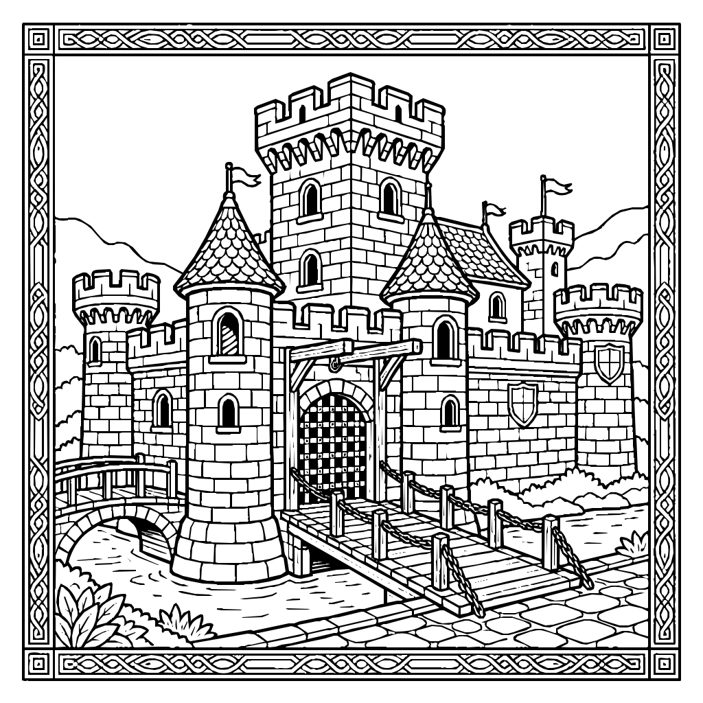 Medieval Drawbridge Towers Coloring Page