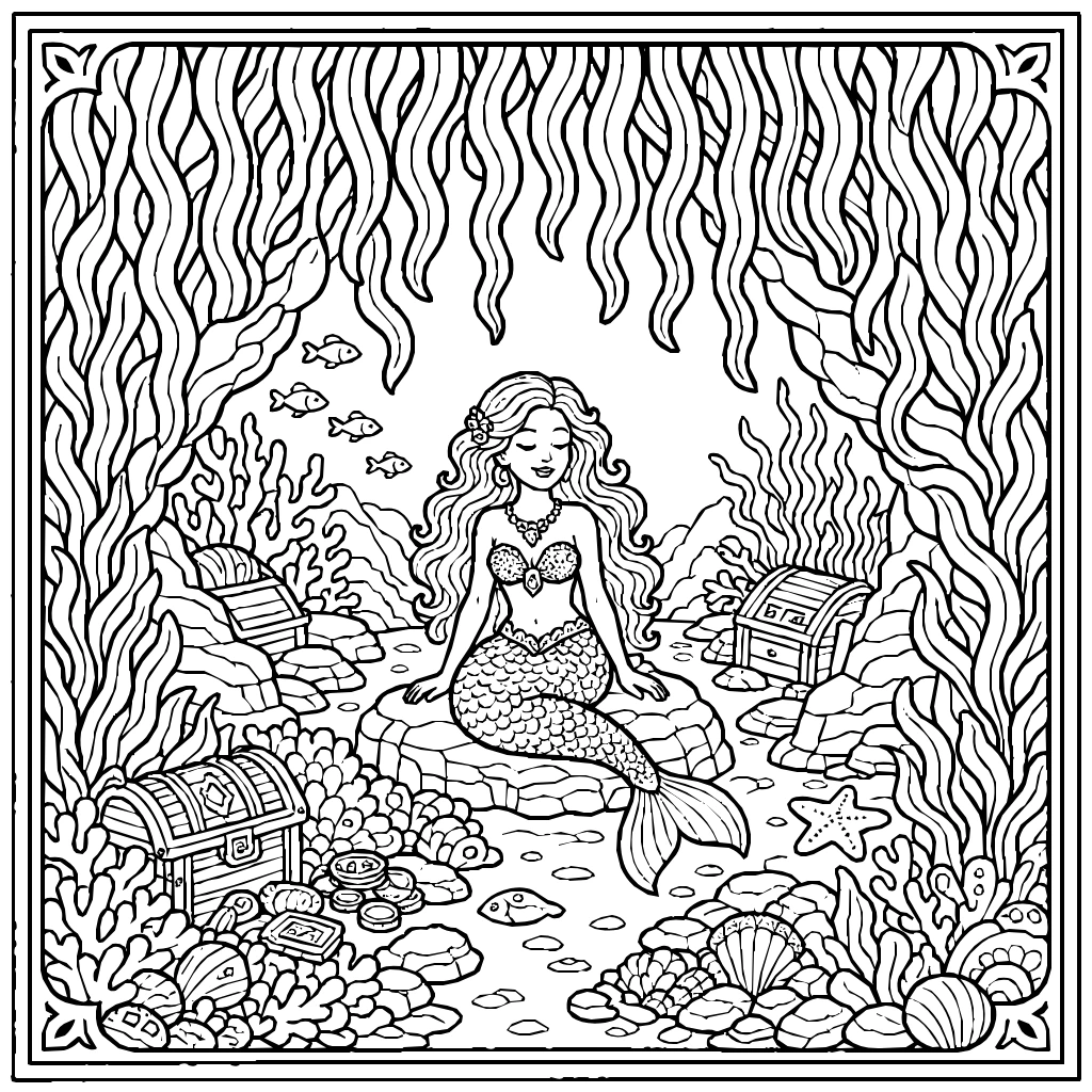 Mermaid And Seaweed Coloring Page