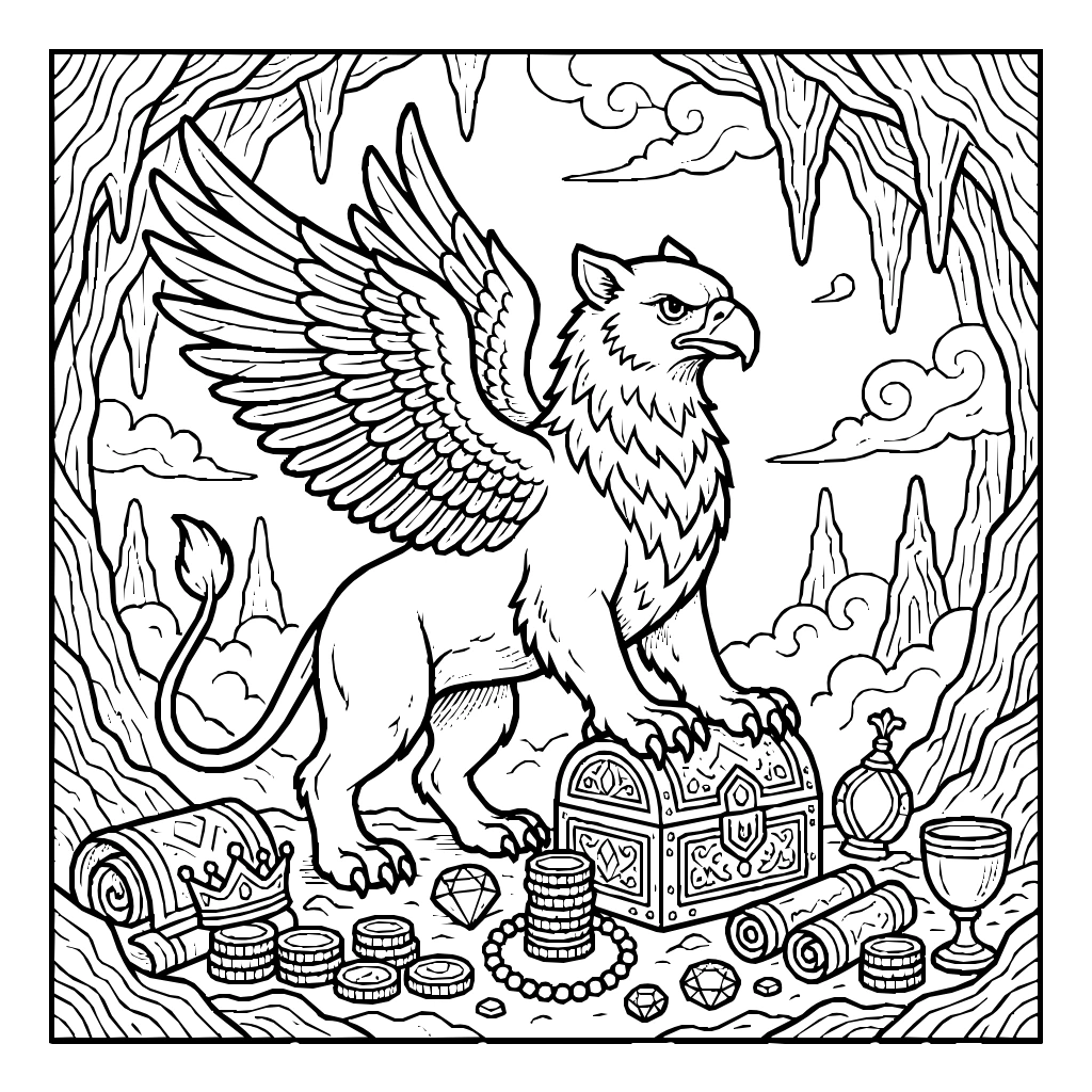 Mythical Griffin Hoard Cavern Mist Coloring Page