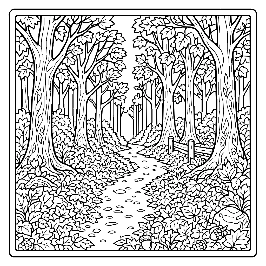Nature Autumn Forest Path Colorful Leaves Coloring Page