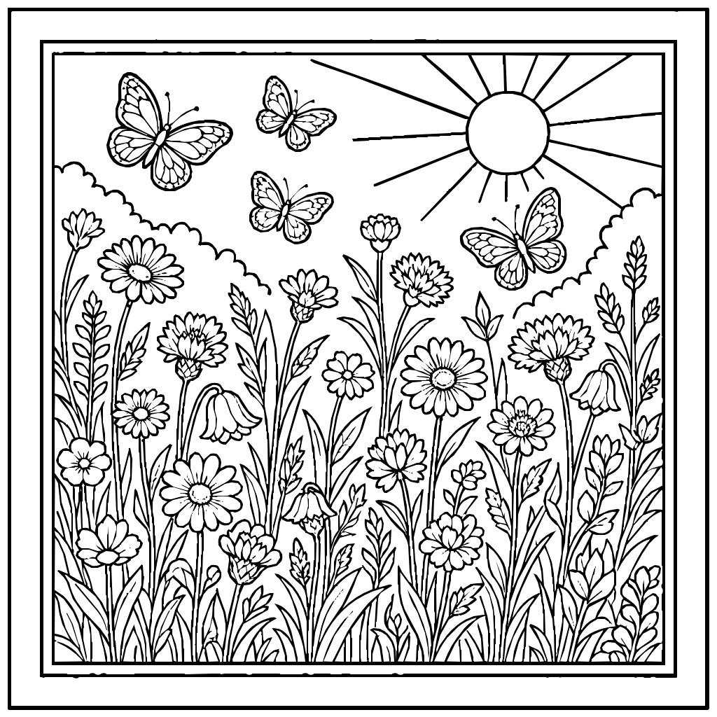Nature Sunlit Meadow Wildflowers Butterflies Coloring Page