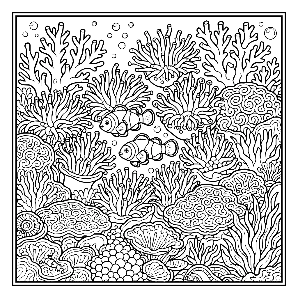 Ocean Coral Reef Clownfish Anemones Coloring Page