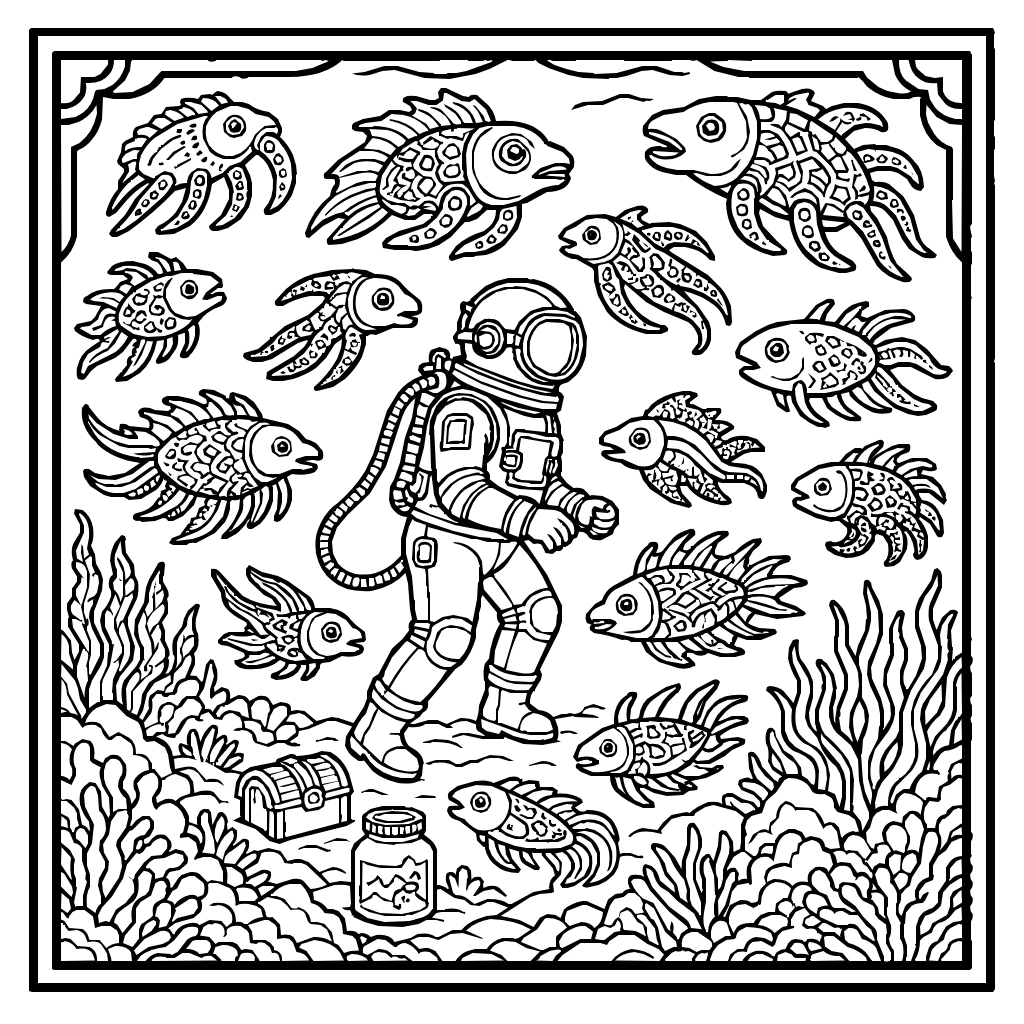 Ocean Deep Sea Explorer Creatures Coloring Page