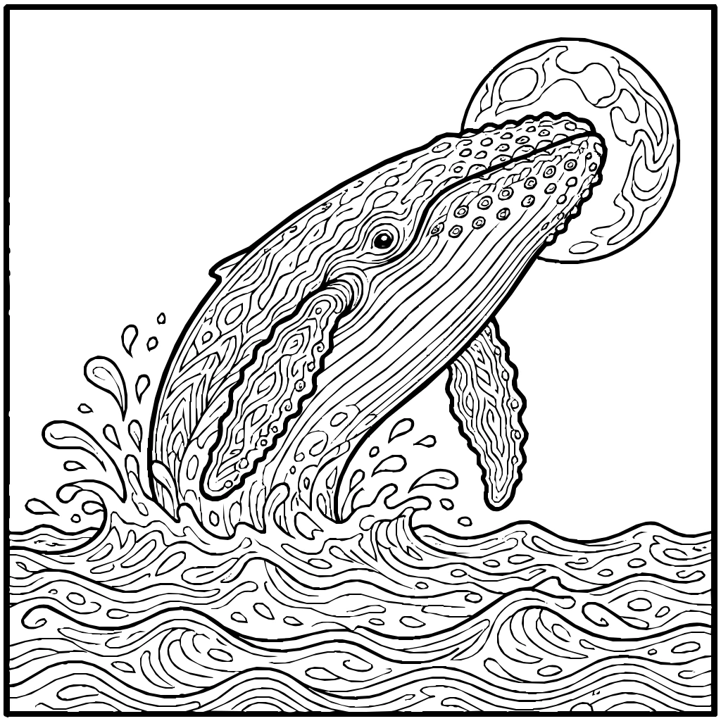 Ocean Humpback Whale Breaching Moonlight Coloring Page