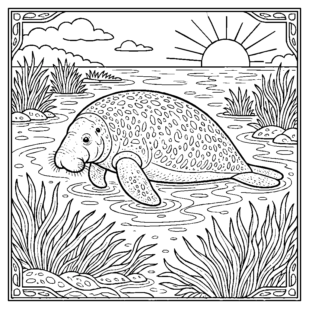 Ocean Manatee Grazing Sunlit Lagoon Coloring Page