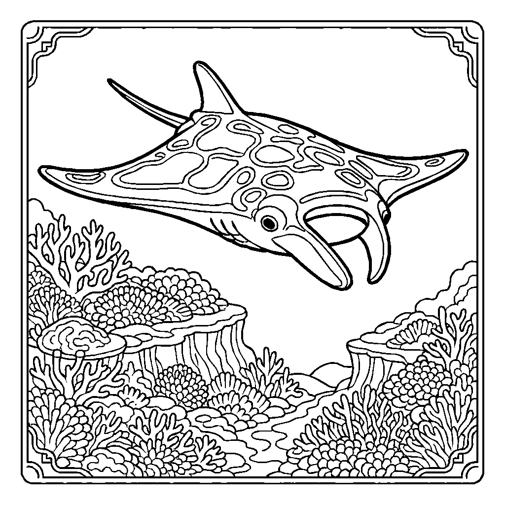 Ocean Manta Ray Gliding Coral Drop Off Coloring Page