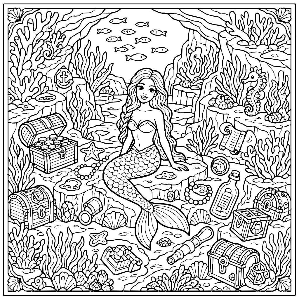 Ocean Mermaid Cove Hidden Treasures Coloring Page