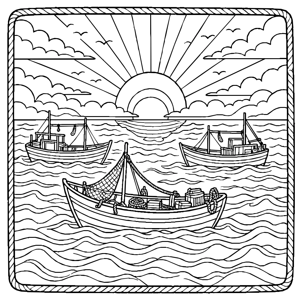 Ocean Sunset Fishing Boats Coloring Page