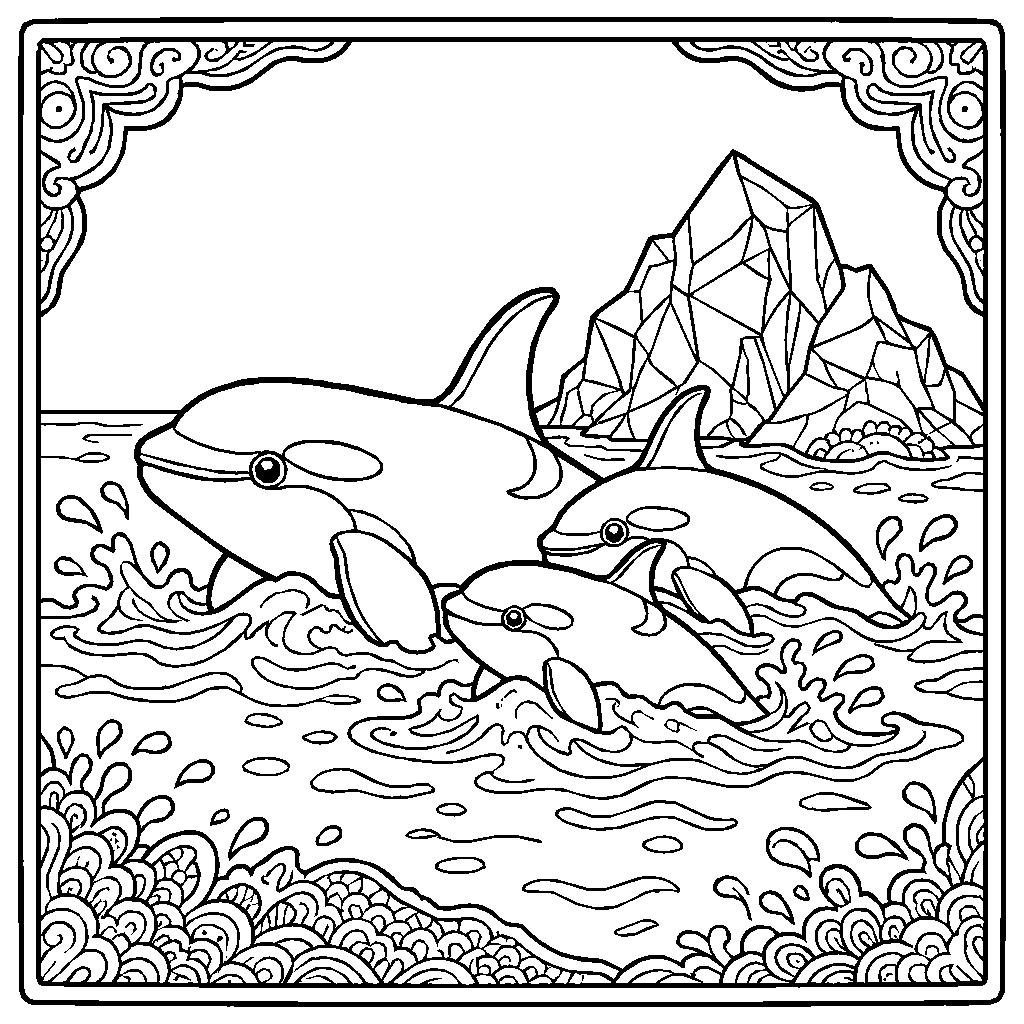 Orca Family Surfacing Iceberg Coloring Page