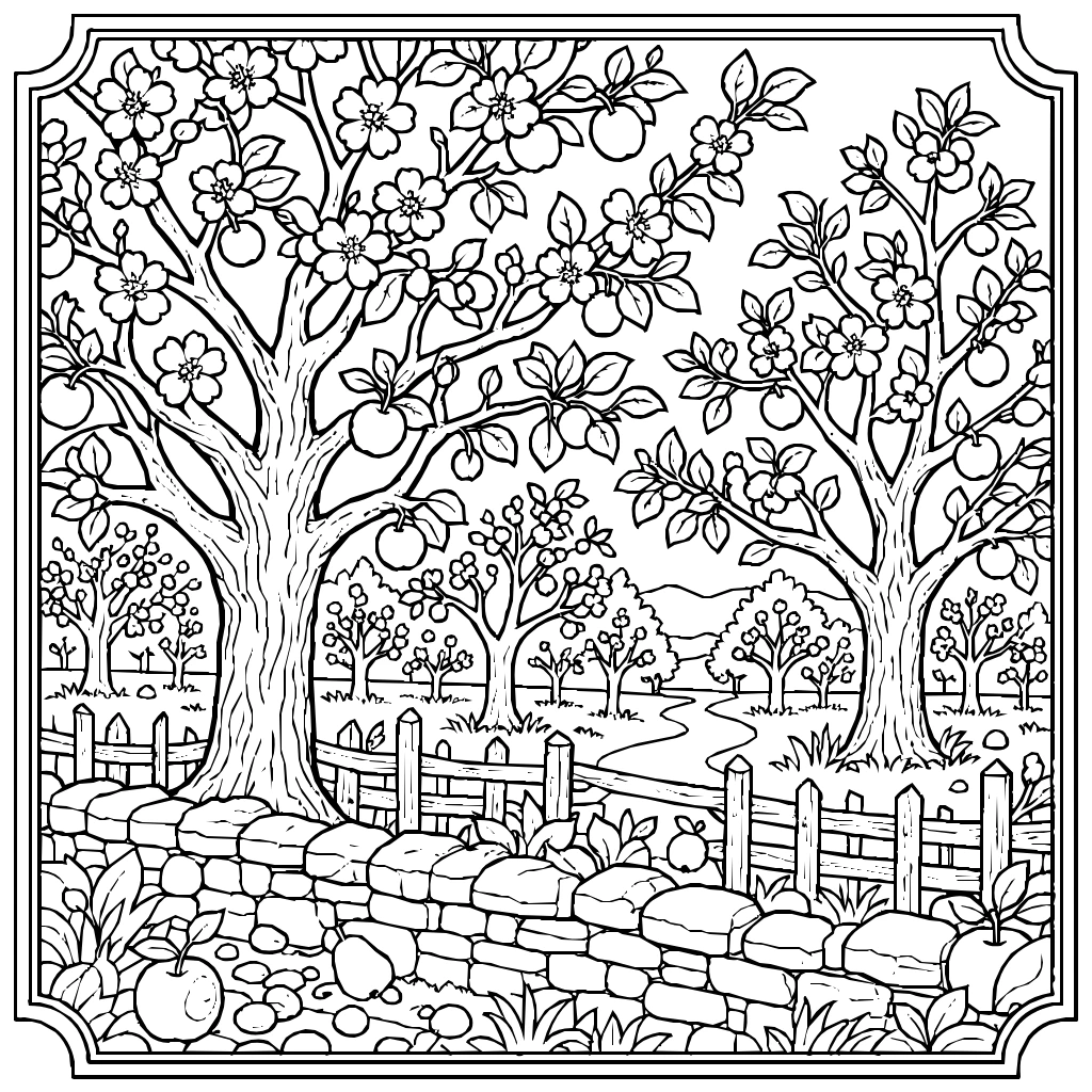 Orchard Fruit Trees Bloom Coloring Page