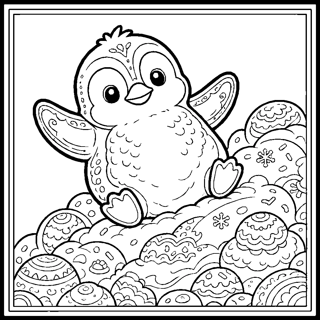 Penguin Chick Marshmallow Snow Slide Coloring Page
