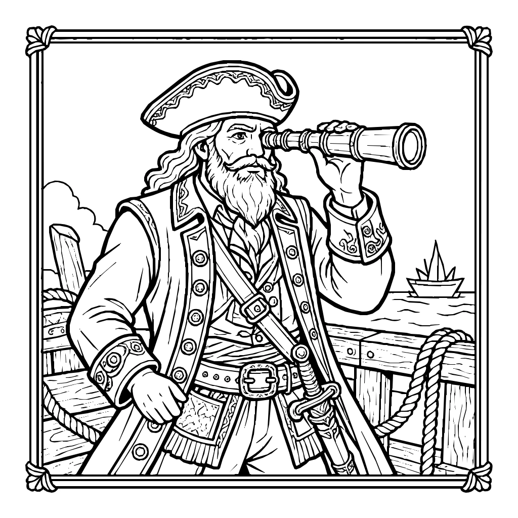 Pirate Captain Telescope Coloring Page