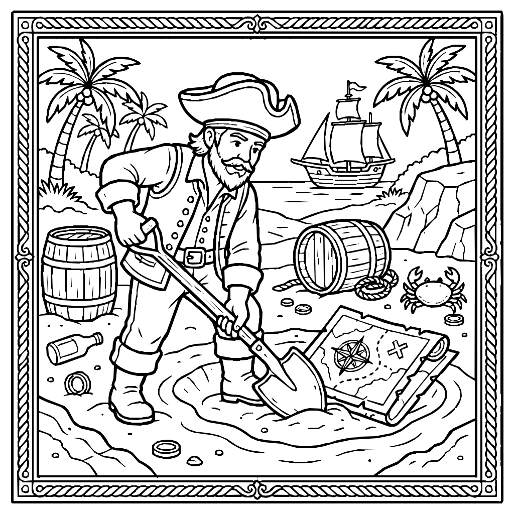 Pirate Digging Treasure Map Location Coloring Page
