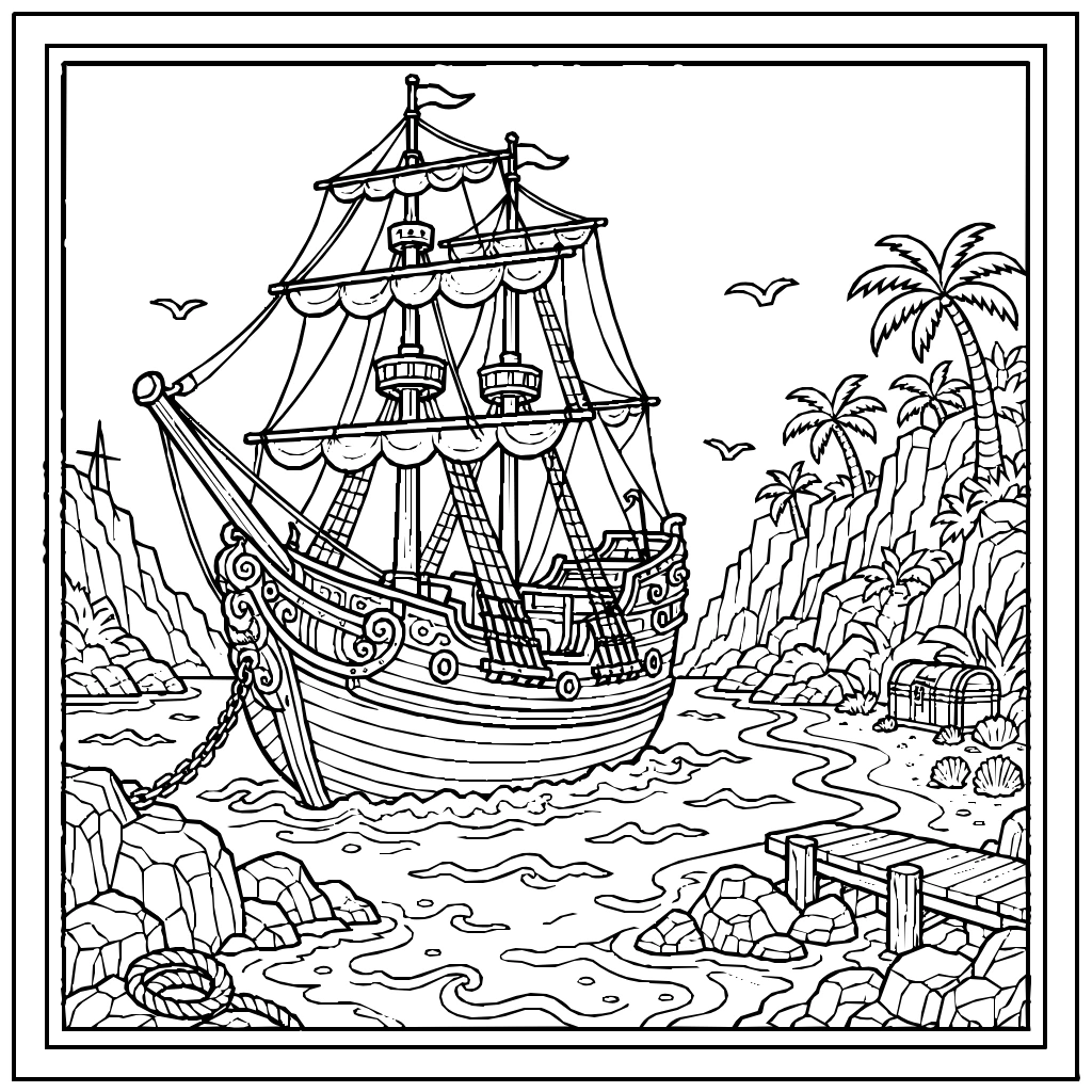 Pirate Ship Anchored In A Hidden Cove Coloring Page