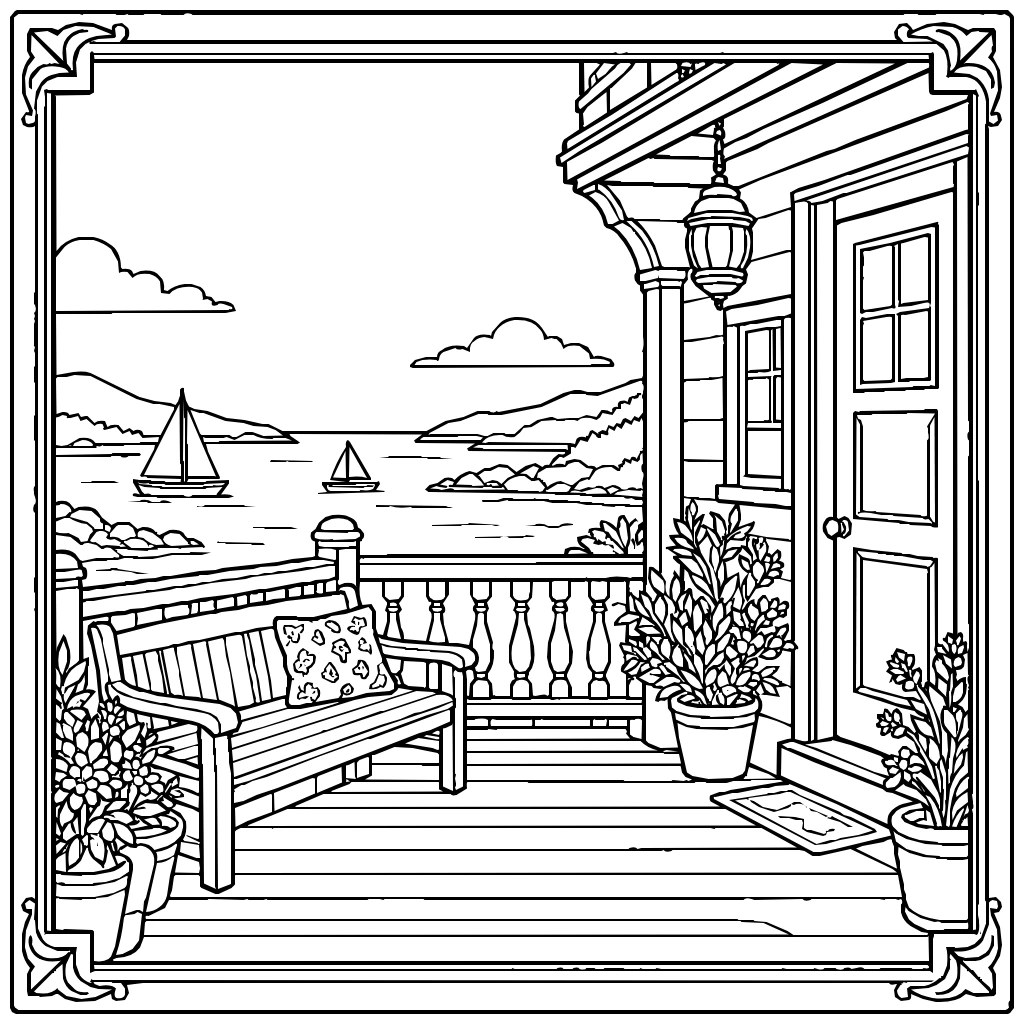 Porch Calm Ocean Bay Coloring Page