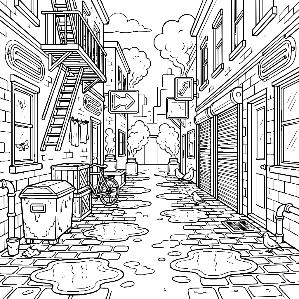 Rain Downtown Street Coloring Page
