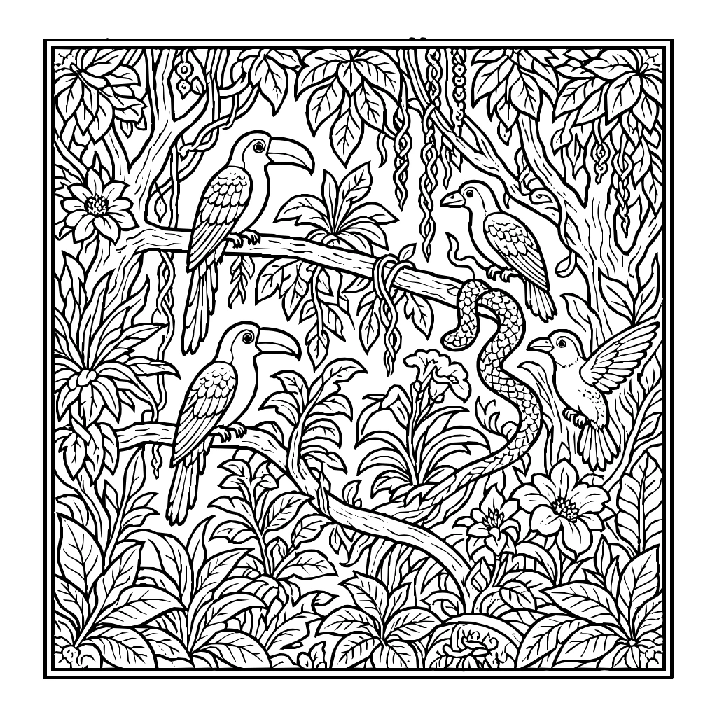 Rainforest Canopy Exotic Birds Coloring Page