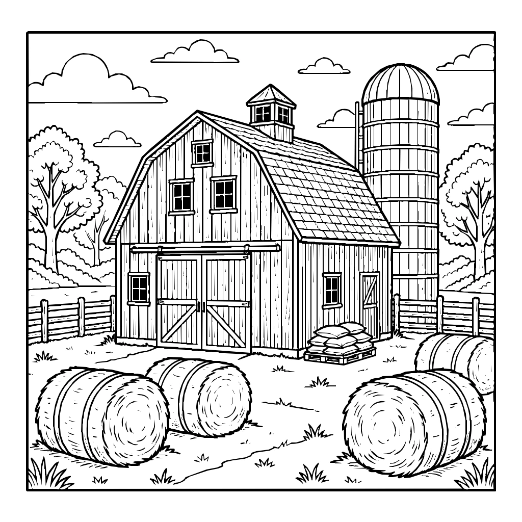 Red Barn Silo Hay Coloring Page