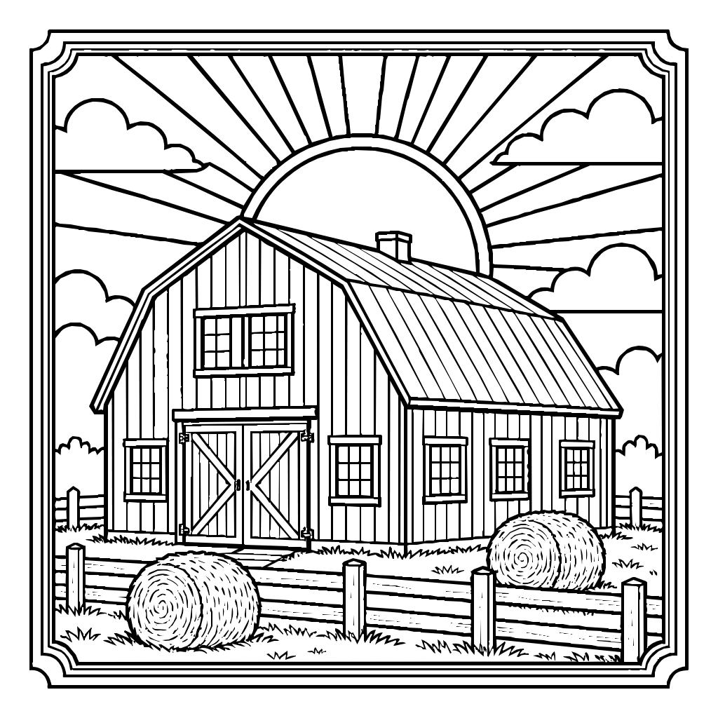 Red Barn Sunrise Coloring Page