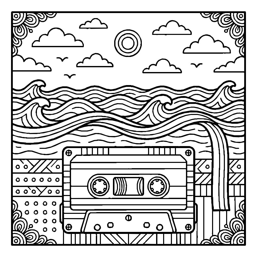Retro Cassette Tape Ocean Horizon Coloring Page