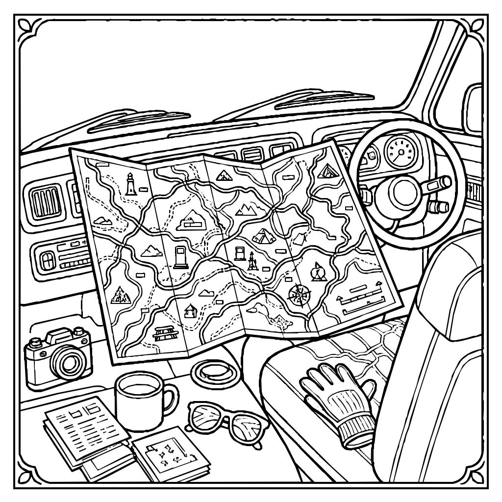 Road Trip Map Dashboard Coloring Page