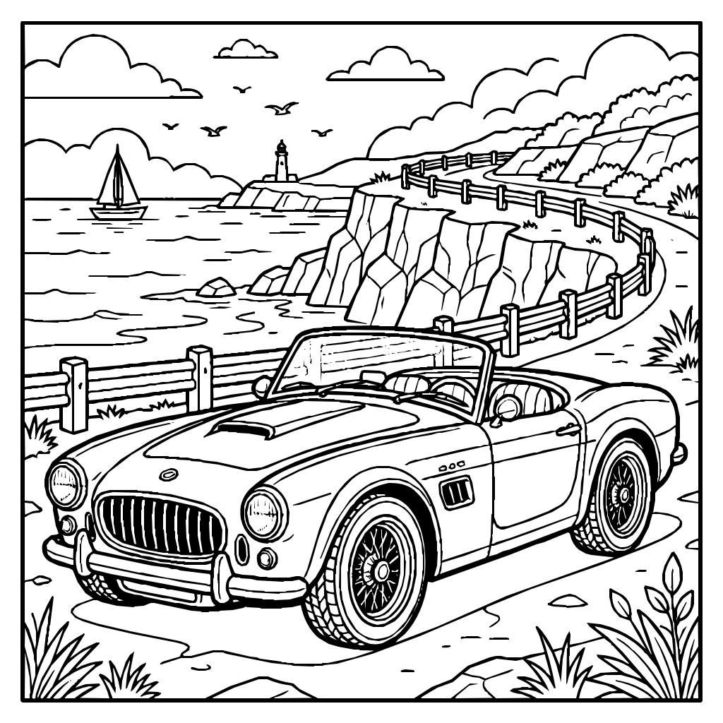 Roadster Parked By Ocean Cliff Coloring Page
