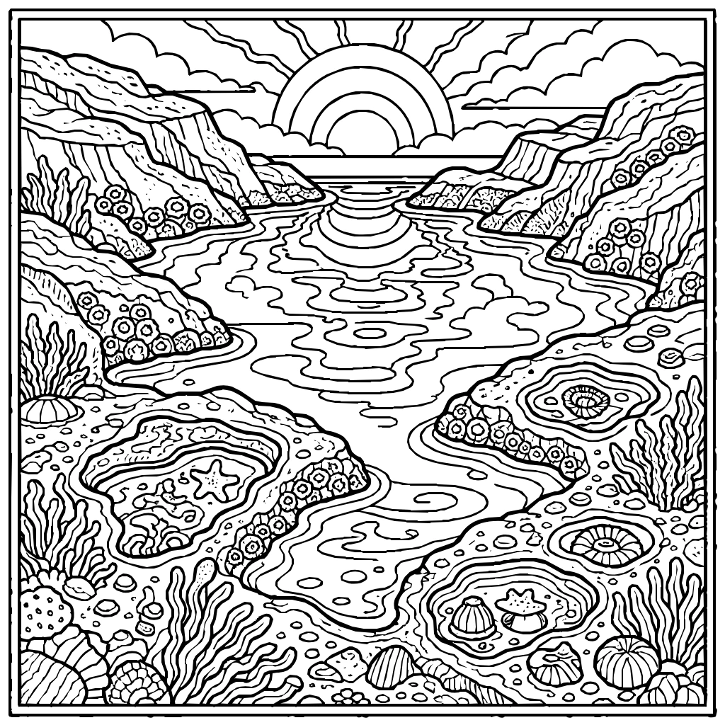 Rocky Tide Pool Reflecting A Colorful Sunset Coloring Page