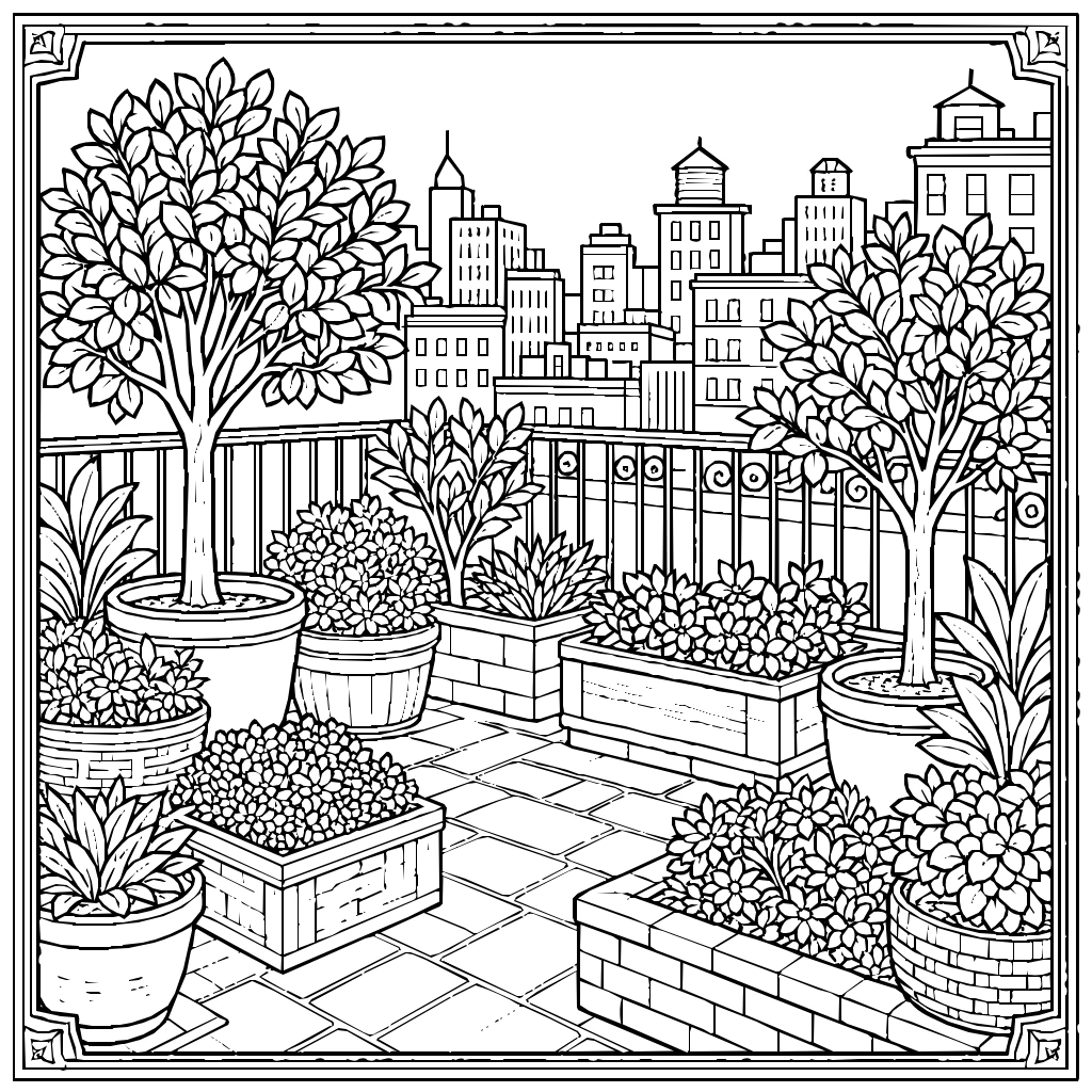 Rooftopgarden Potted Trees Skyline Coloring Page