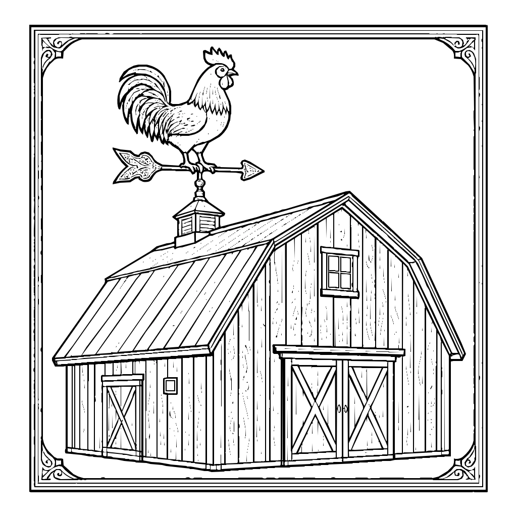 Rooster Weathervane On Top Of The Barn Coloring Page