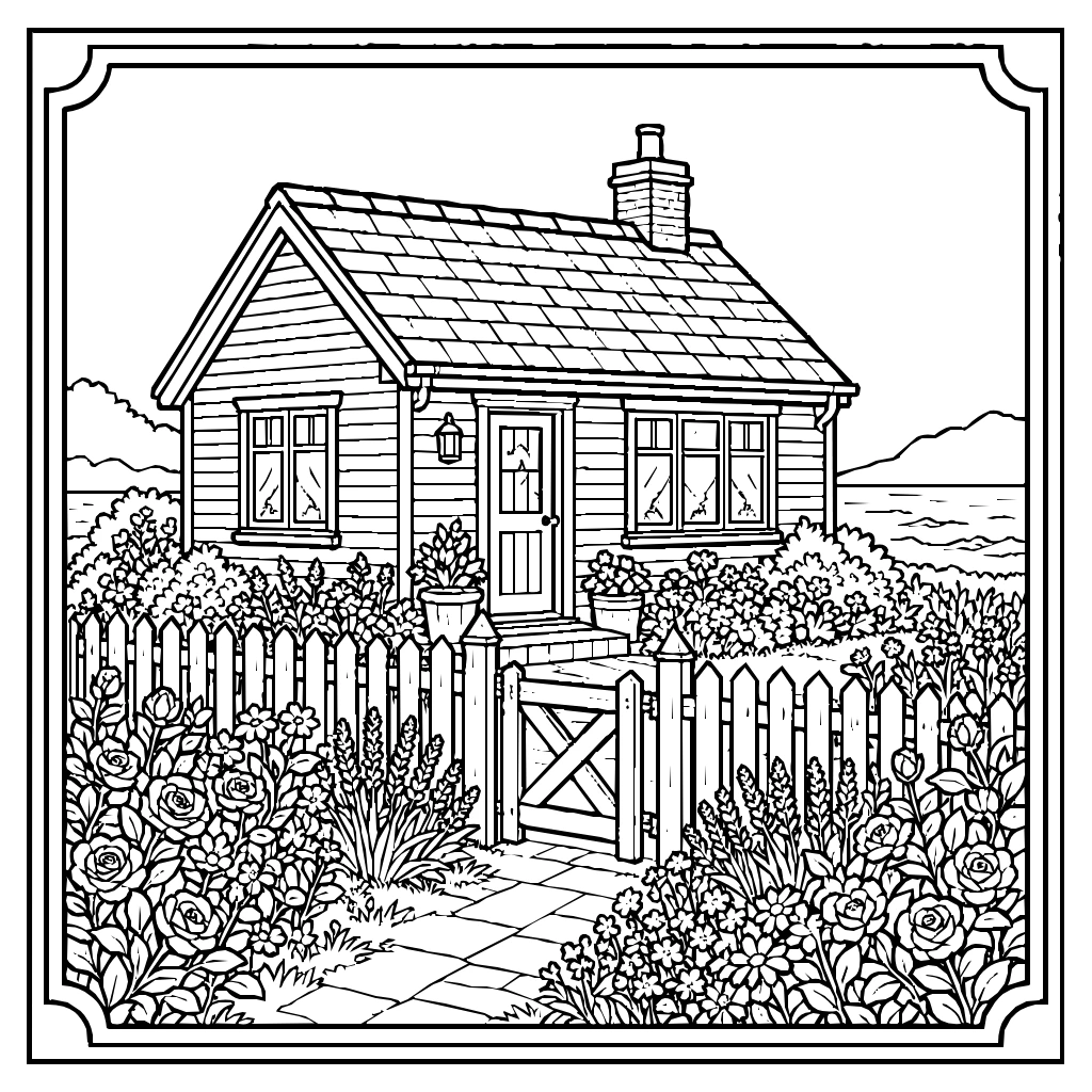 Seaside Cottage Picket Fence Garden Coloring Page