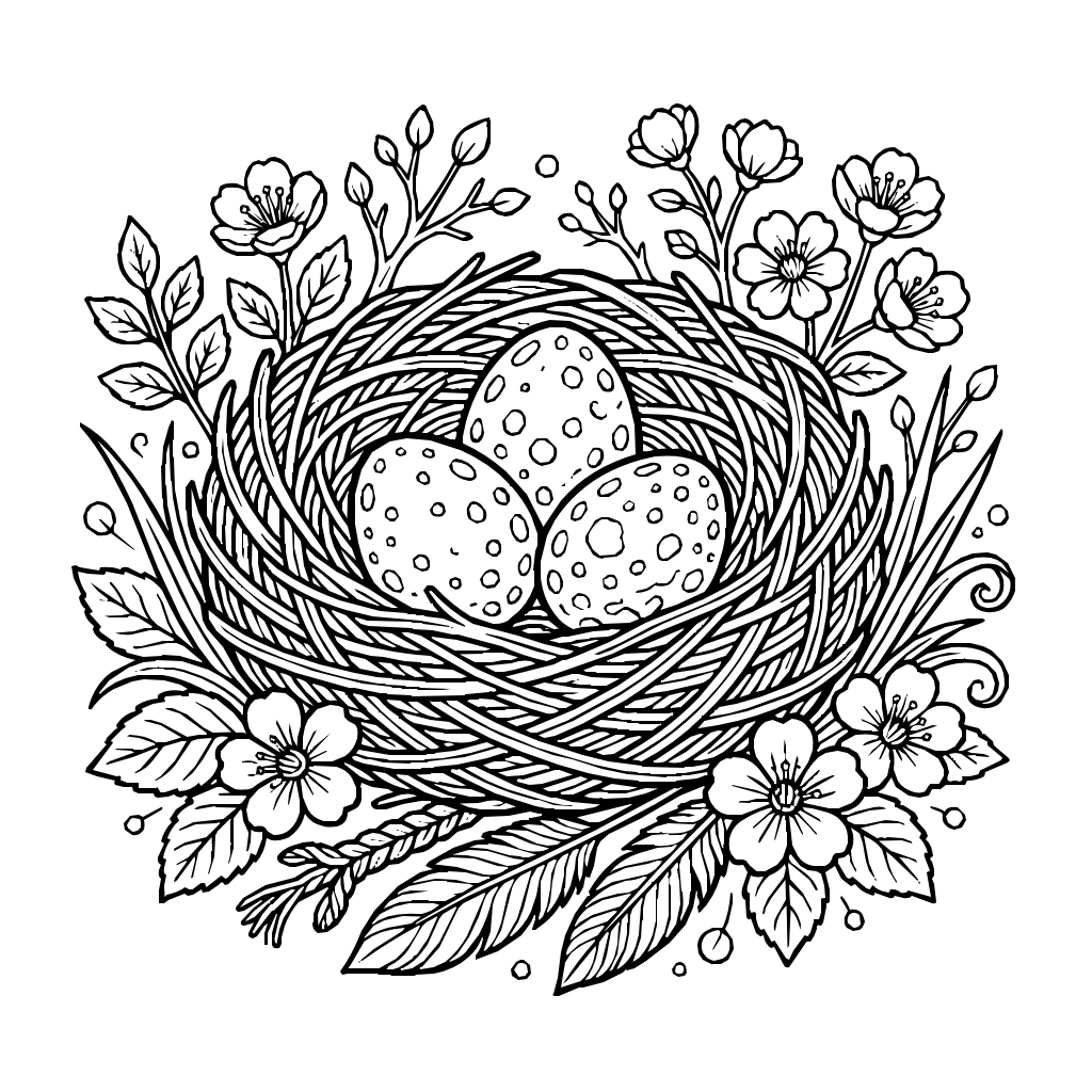Seasons Spring Bird Nest Speckled Eggs Coloring Page