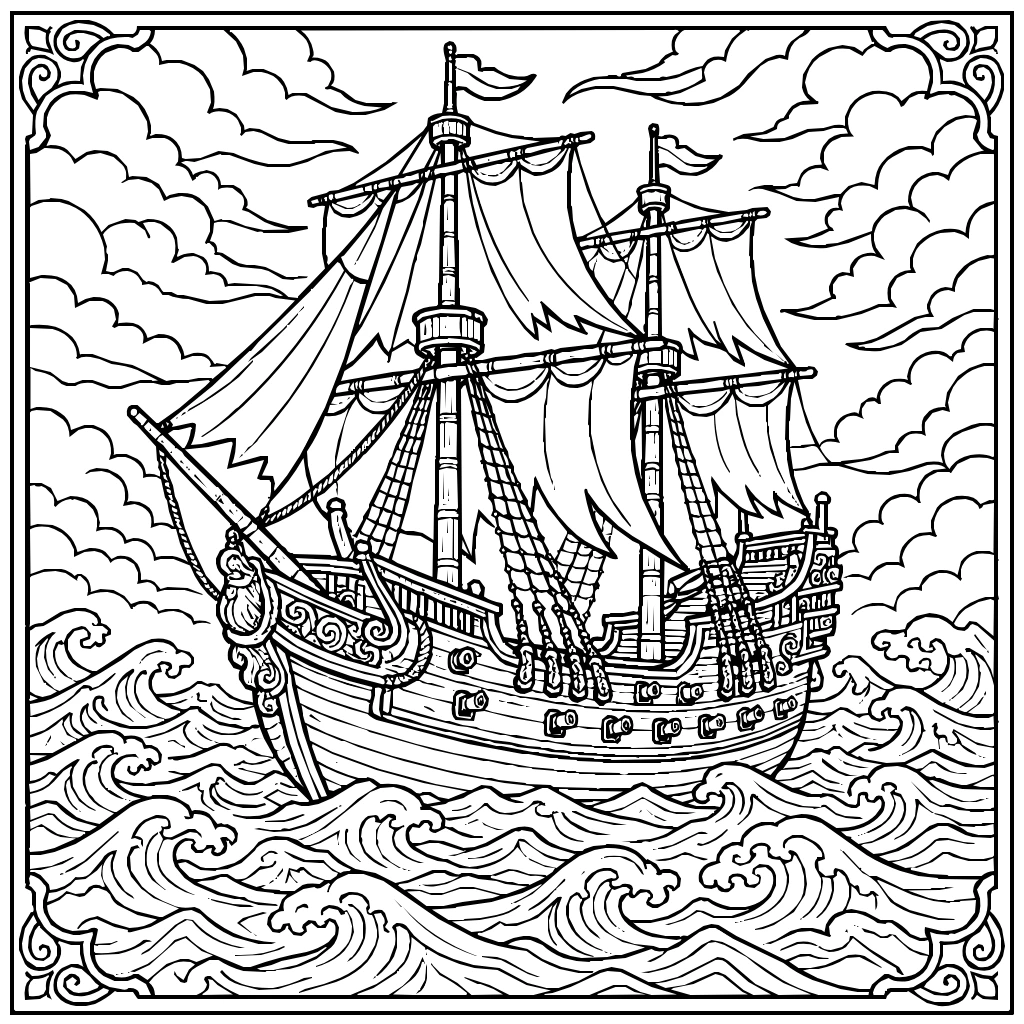 Ship Stormy Sea Coloring Page