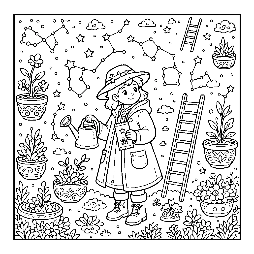 Star Gardener Planting Constellations Coloring Page