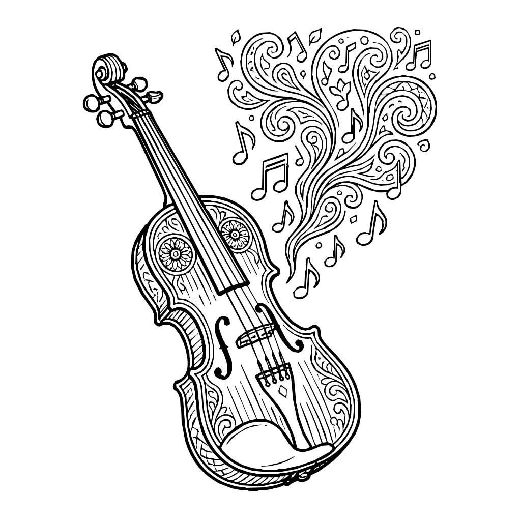Surreal Floating Violin Notes Smoke Coloring Page