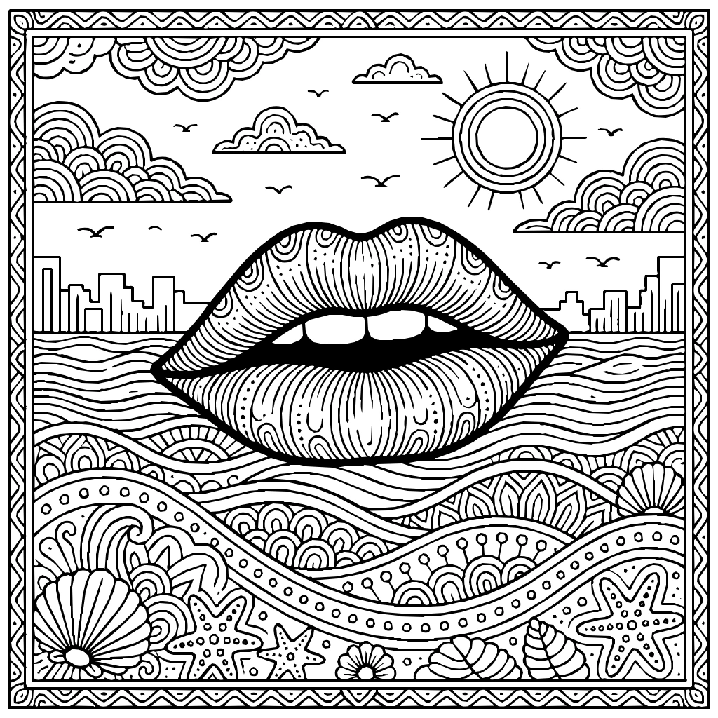 Surreal Lips Horizon Line Sea Coloring Page