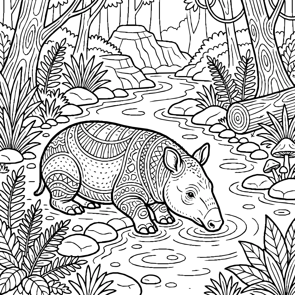 Tapir Drinking From A Stream Coloring Page