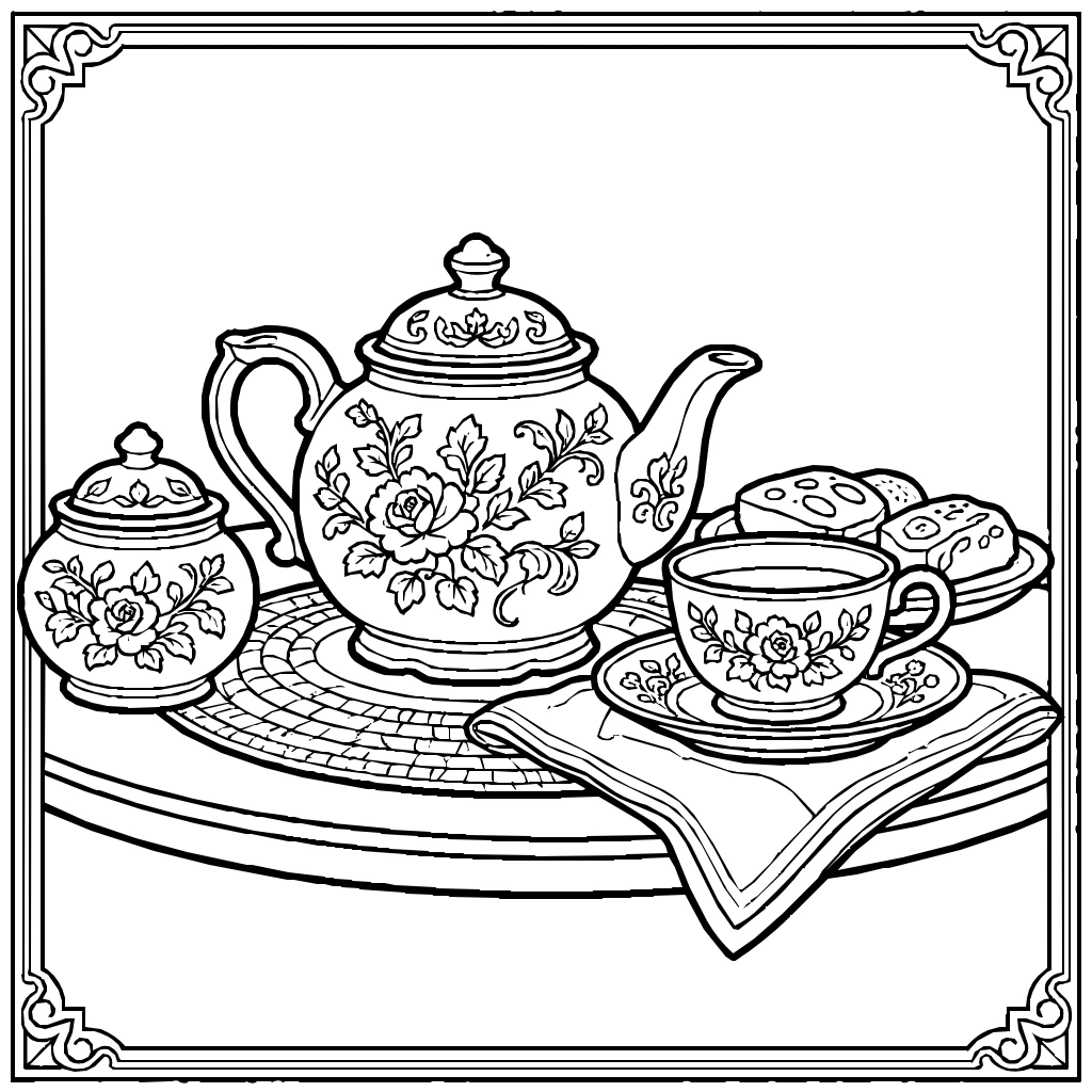 Teahouse Shelf Vintage Teapots Coloring Page