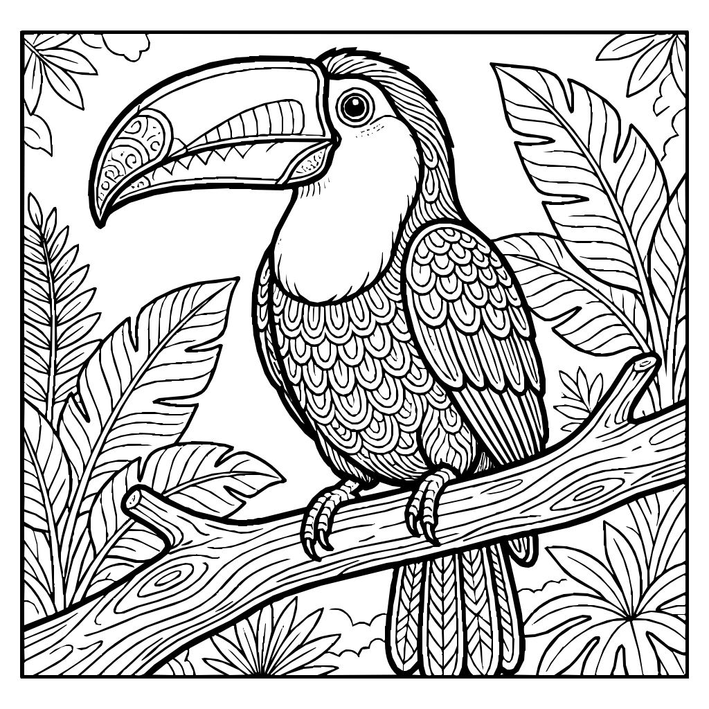 Toucan Bright Beak Branch Coloring Page