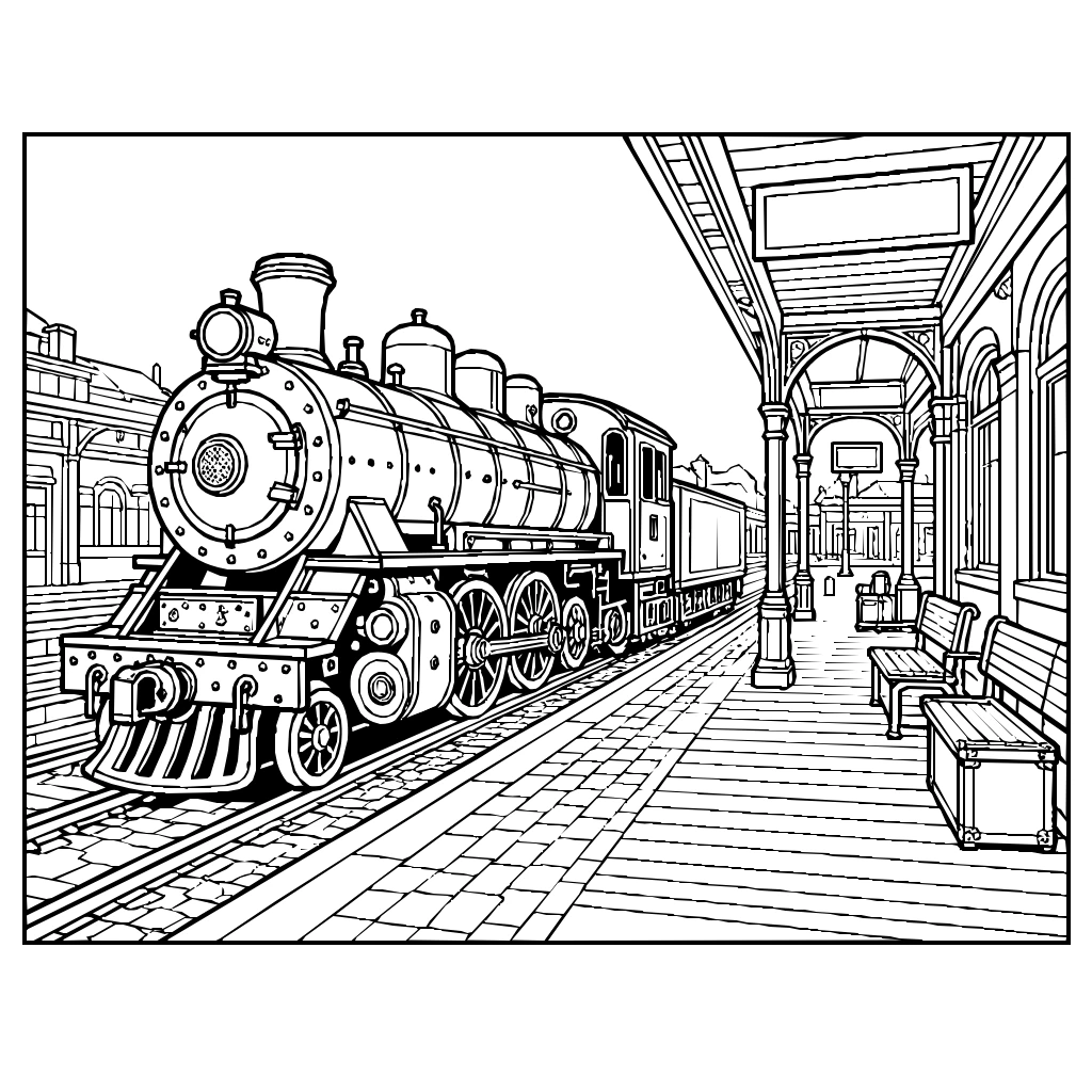 Trainstation Steam Train Platform Coloring Page