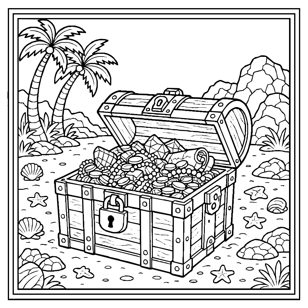 Treasure Chest Deserted Island Coloring Page